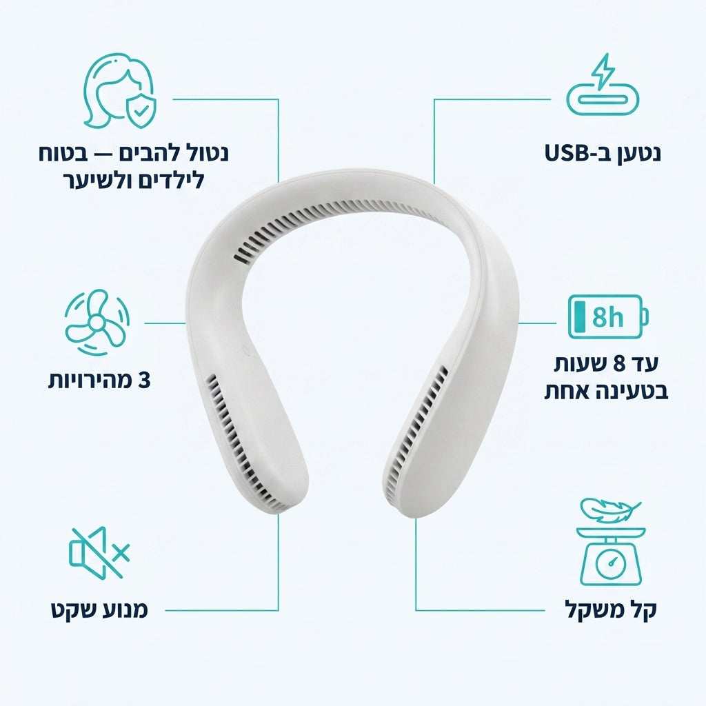 מאפייני Brisa: ללא להבים, USB-C, 3 מהירויות, עד 8 שעות, שקט, קל
